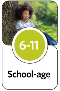 Young, black girl sitting on grass under tree resting in nature enjoying freshair. Image links to school-age ages 6 through 11 ages and stages page.