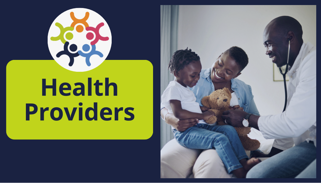health provider graphic Black doctor holding teddy bear and stethoscope with Black mother and son