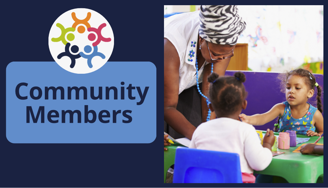 community member graphic. Black teacher with children in classroom